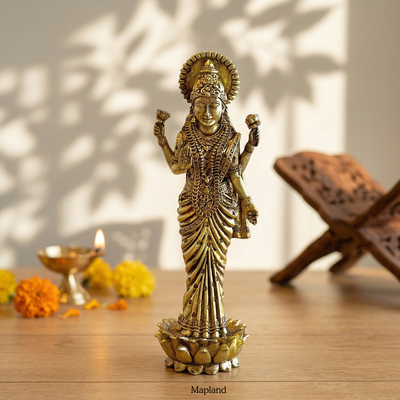 Superfine pure brass standing Lakshmi idol Chaturbhuj lotus base | Mapland