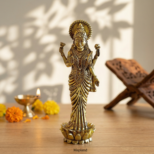 Superfine Pure Brass Standing Lakshmi Idol - Chaturbhuj with Lotus Base