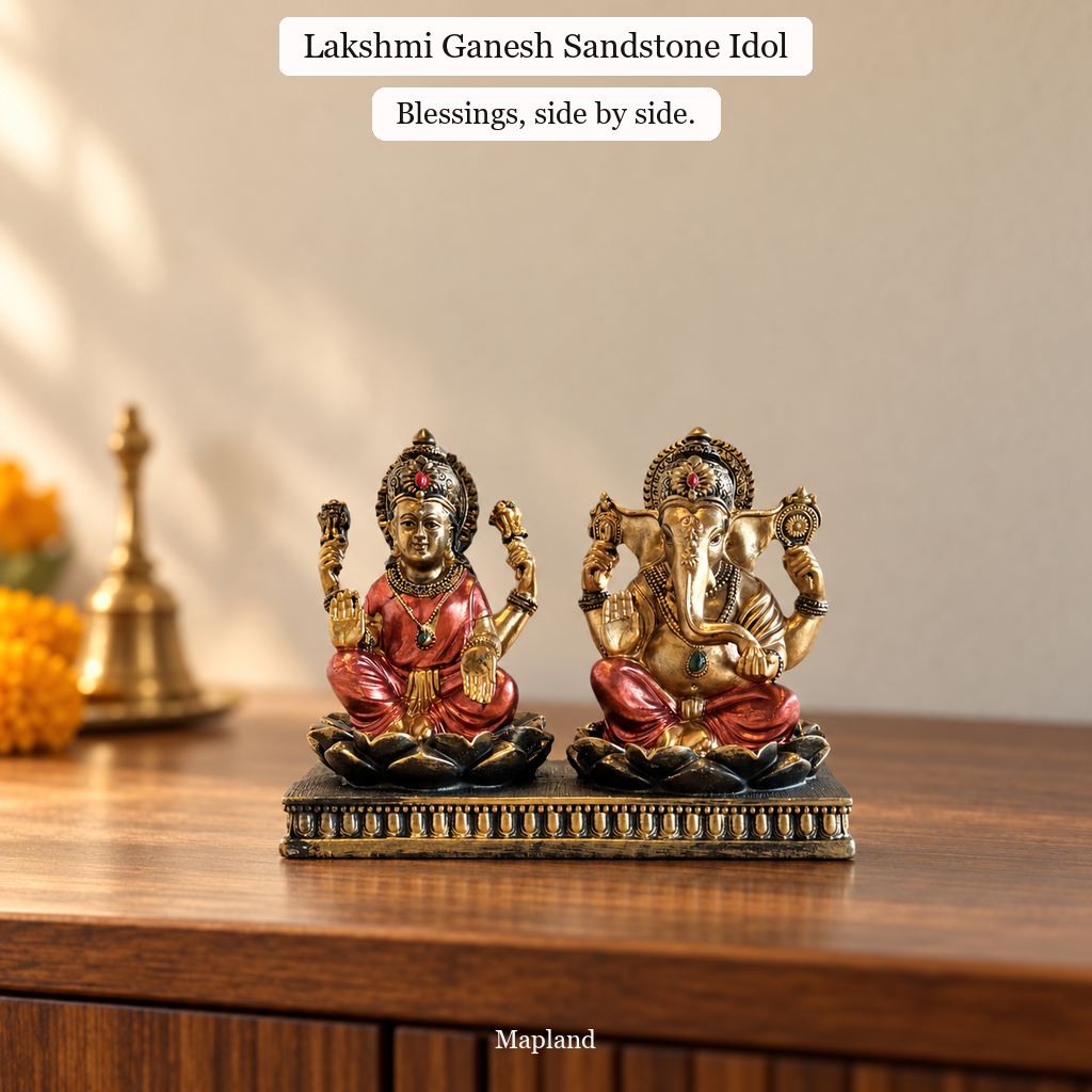 Lakshmi Ganesh sandstone idol on a wooden console | Mapland