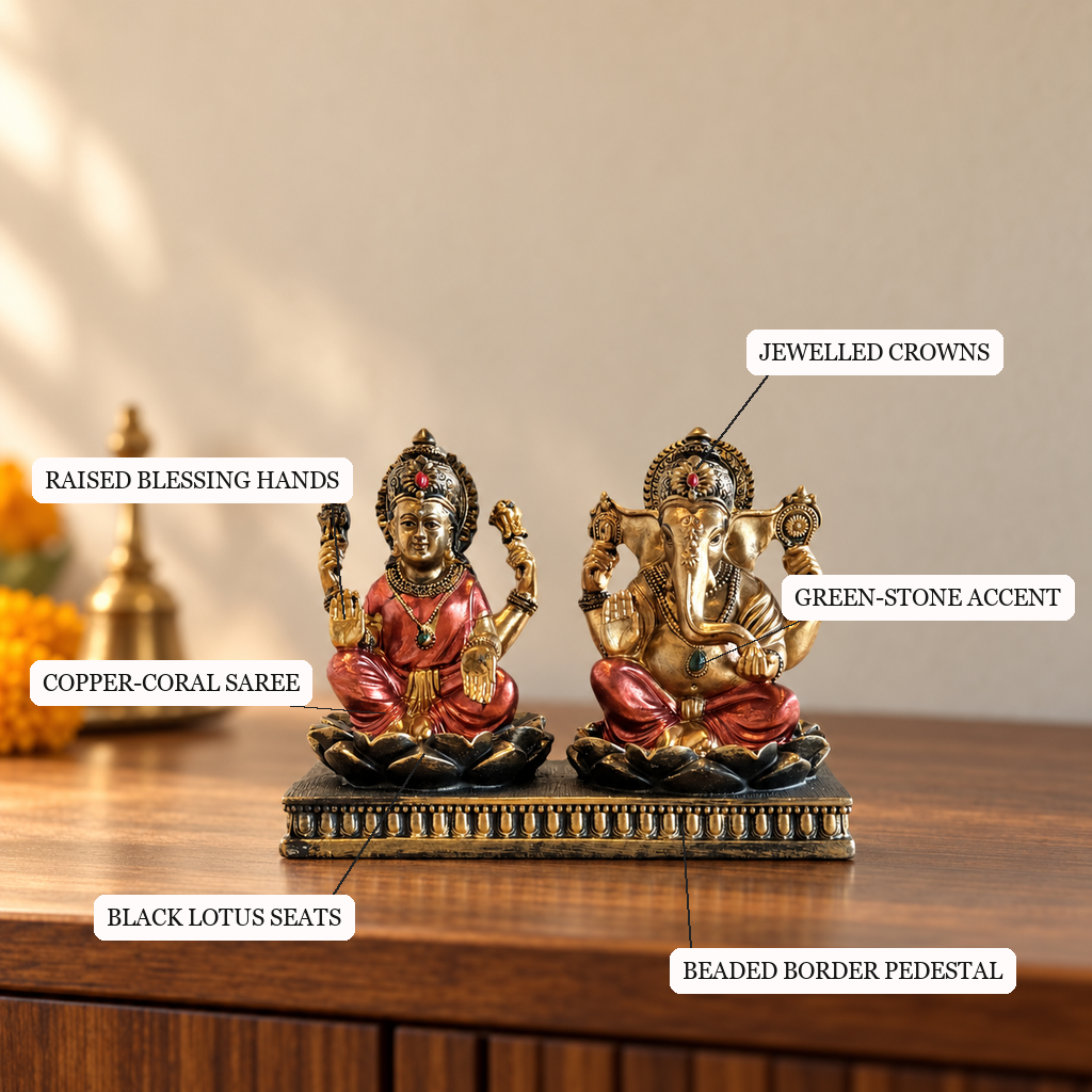 Lakshmi Ganesh sandstone idol crowns, lotus seats and beaded pedestal detailing | Mapland
