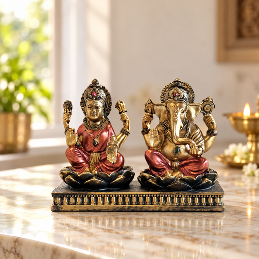 Lakshmi Ganesh sandstone idol antique gold with copper-coral detail | Mapland