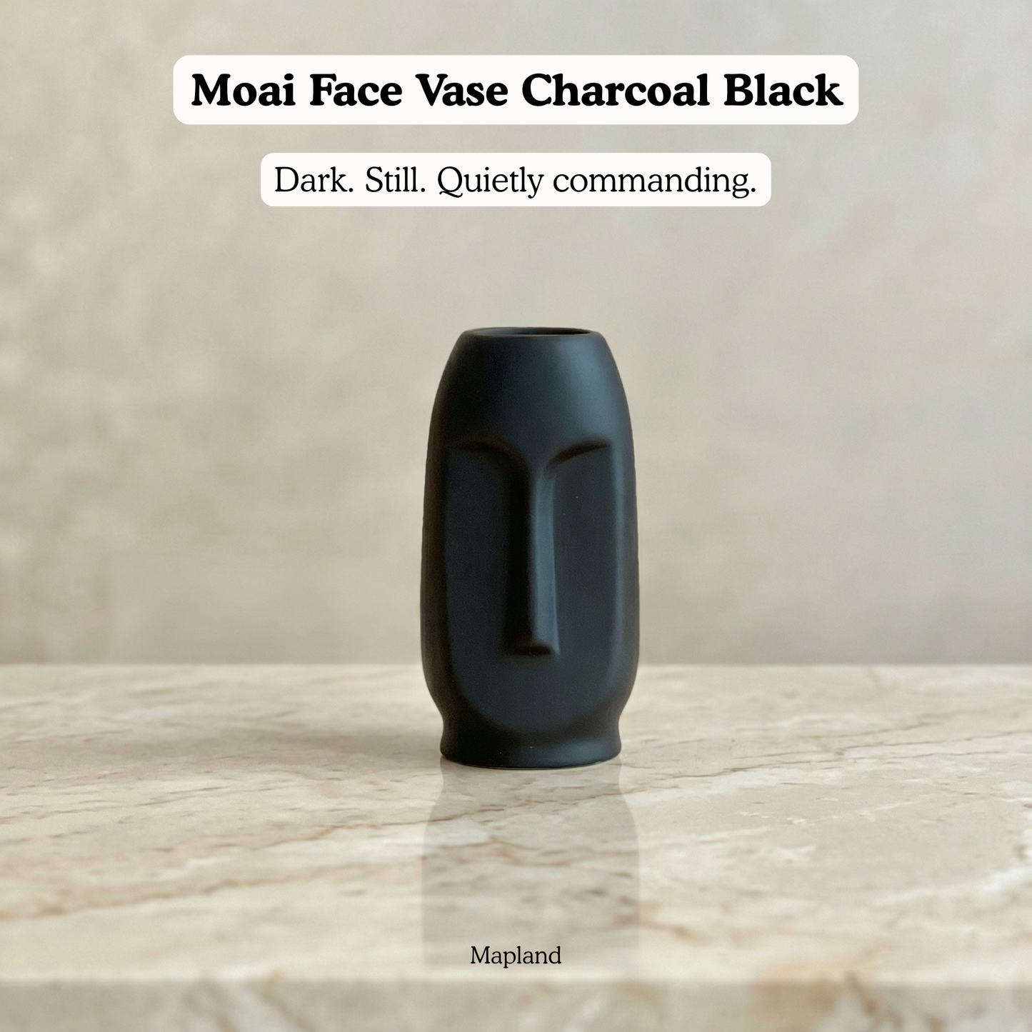Moai Face Vase Charcoal Black handmade ceramic vase — side view, Indian artisan craft | Mapland