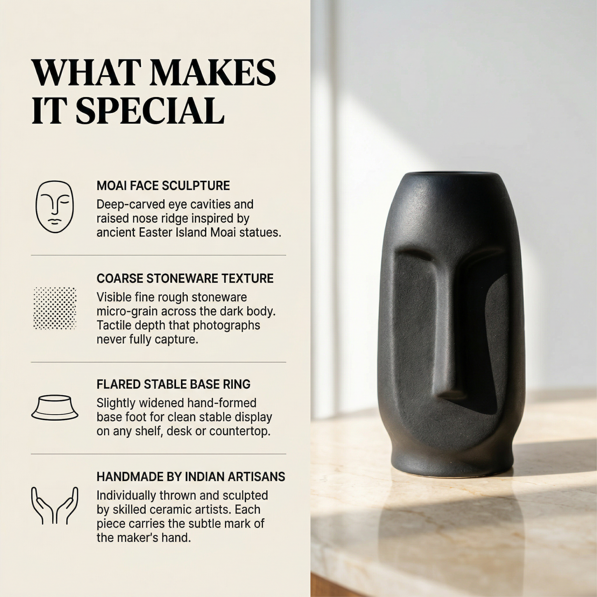 Moai Face Vase Charcoal Black handmade ceramic vase — lifestyle view, Indian artisan craft | Mapland