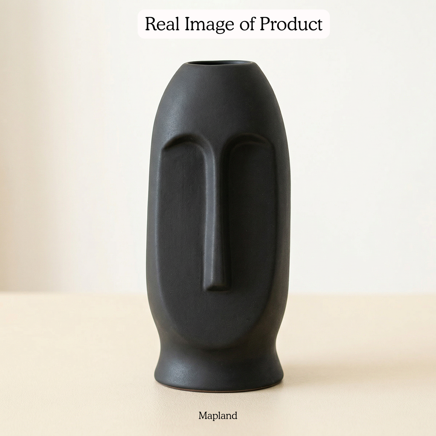 Moai Face Vase Large Charcoal Black handmade ceramic vase — angle view, Indian artisan craft | Mapland
