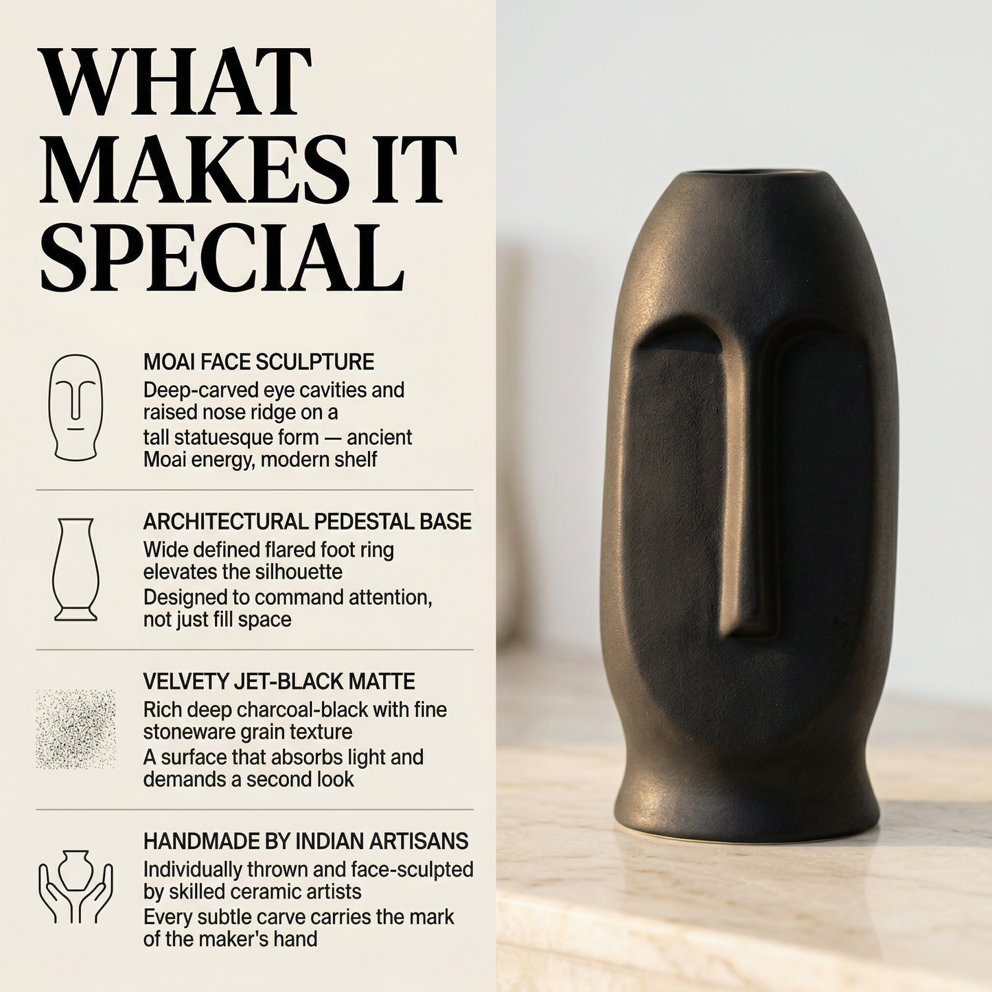 Moai Face Vase Large Charcoal Black handmade ceramic vase — lifestyle view, Indian artisan craft | Mapland
