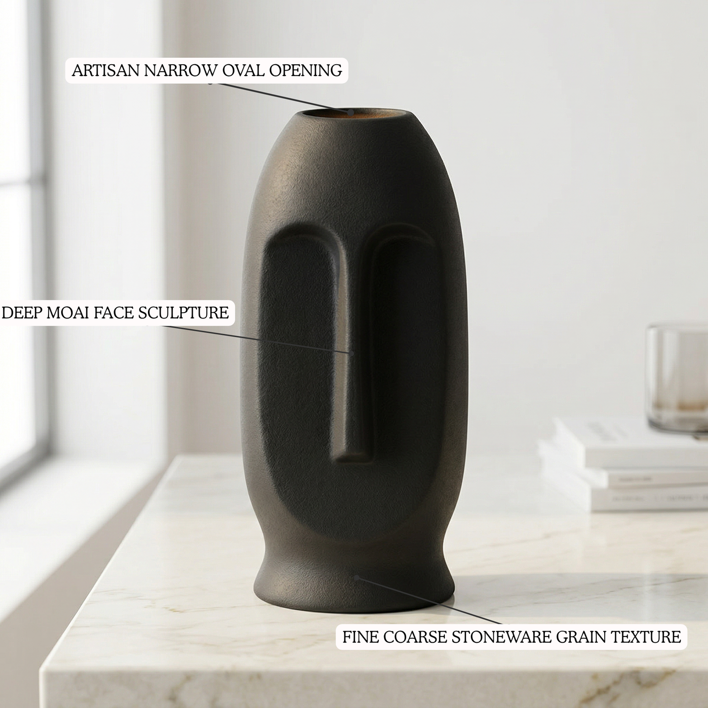 Moai Face Vase Large Charcoal Black handmade ceramic vase — top view, Indian artisan craft | Mapland