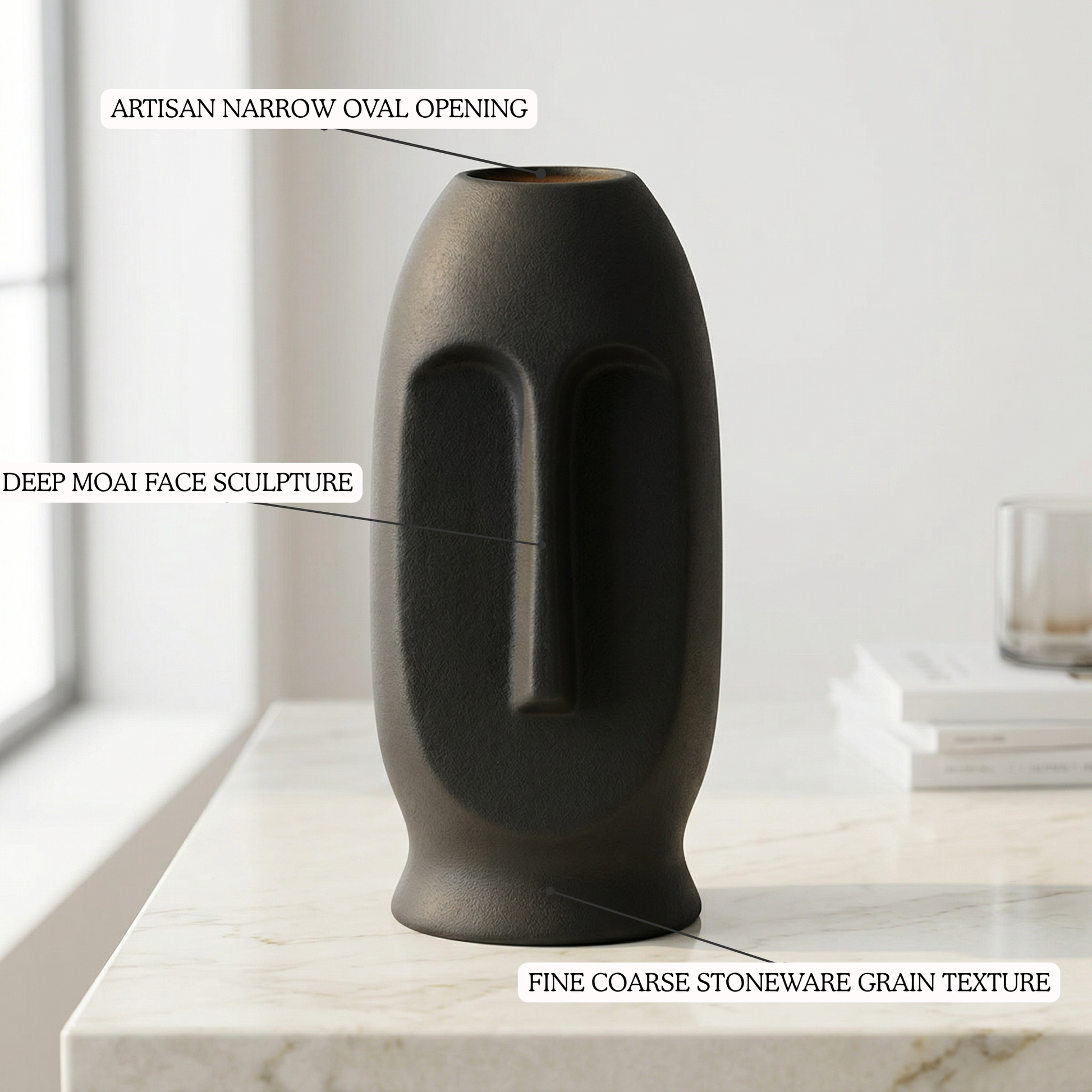 Moai Face Vase Large Charcoal Black handmade ceramic vase — top view, Indian artisan craft | Mapland