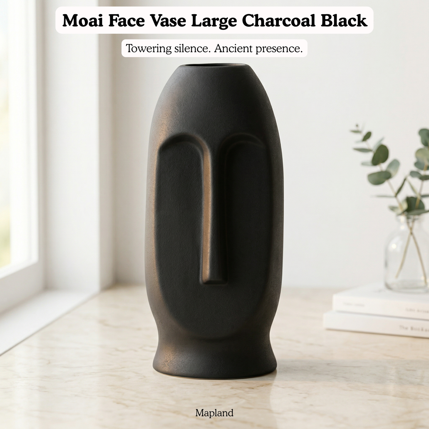 Moai Face Vase Large Charcoal Black handmade ceramic vase — side view, Indian artisan craft | Mapland