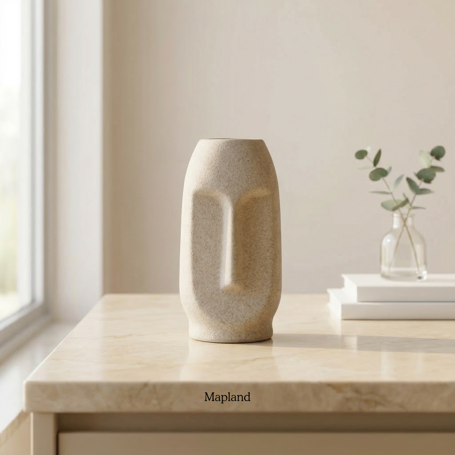 Moai face ceramic vase in sandy greige — handmade ceramic vase | Mapland Design Studio