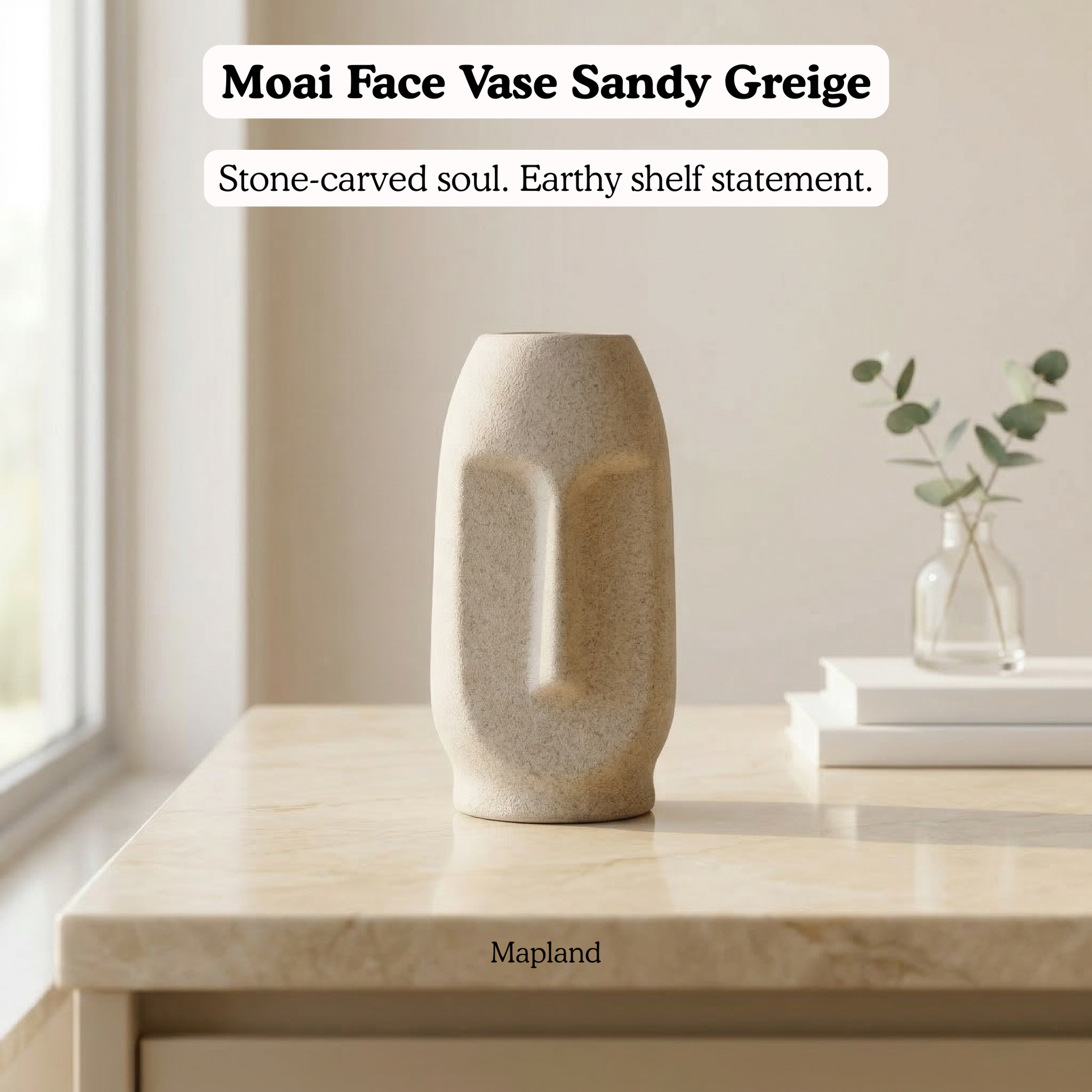 Moai Face Vase Sandy Greige handmade ceramic vase — side view, Indian artisan craft | Mapland