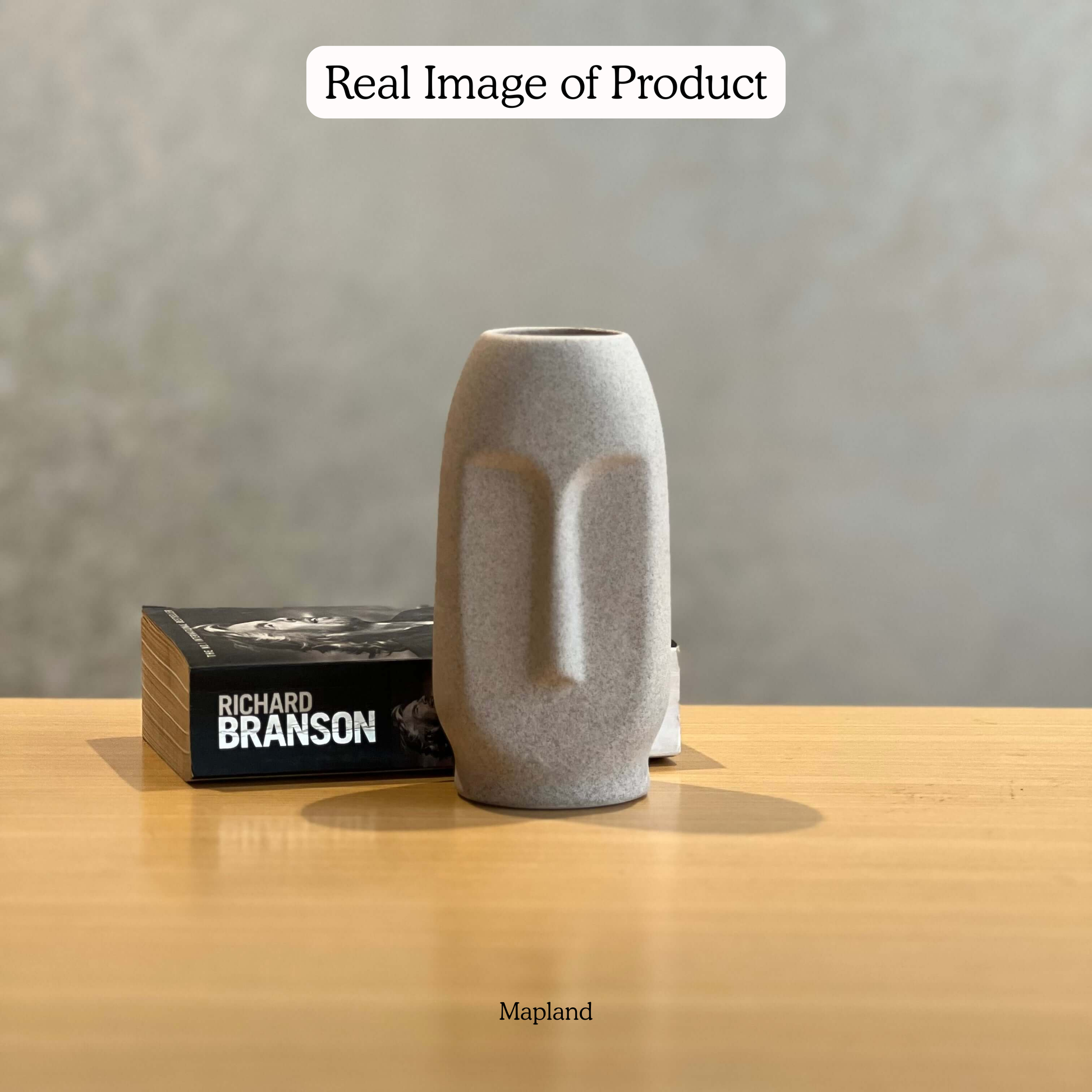 Moai Face Vase Sandy Greige handmade ceramic vase — angle view, Indian artisan craft | Mapland