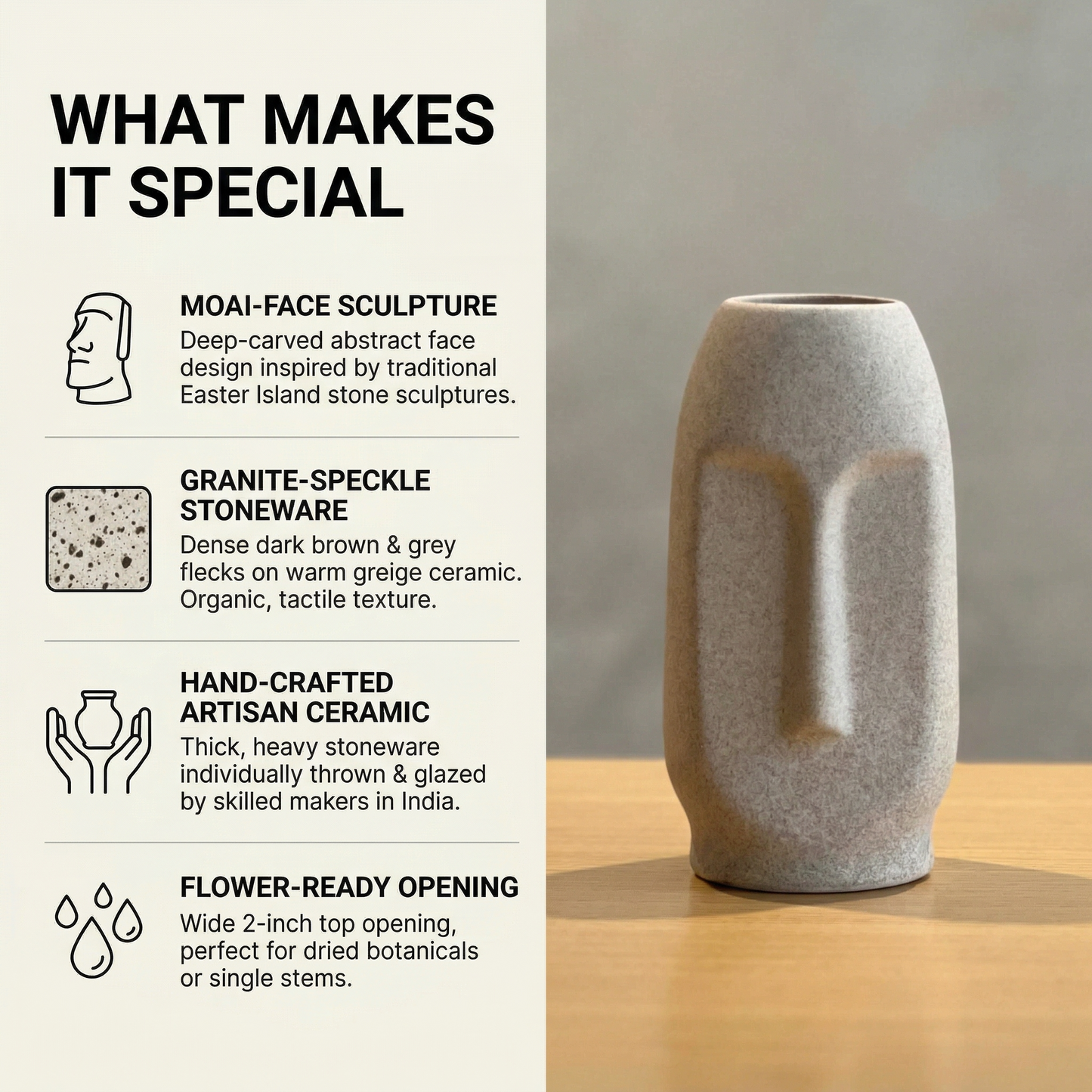 Moai Face Vase Sandy Greige handmade ceramic vase — lifestyle view, Indian artisan craft | Mapland