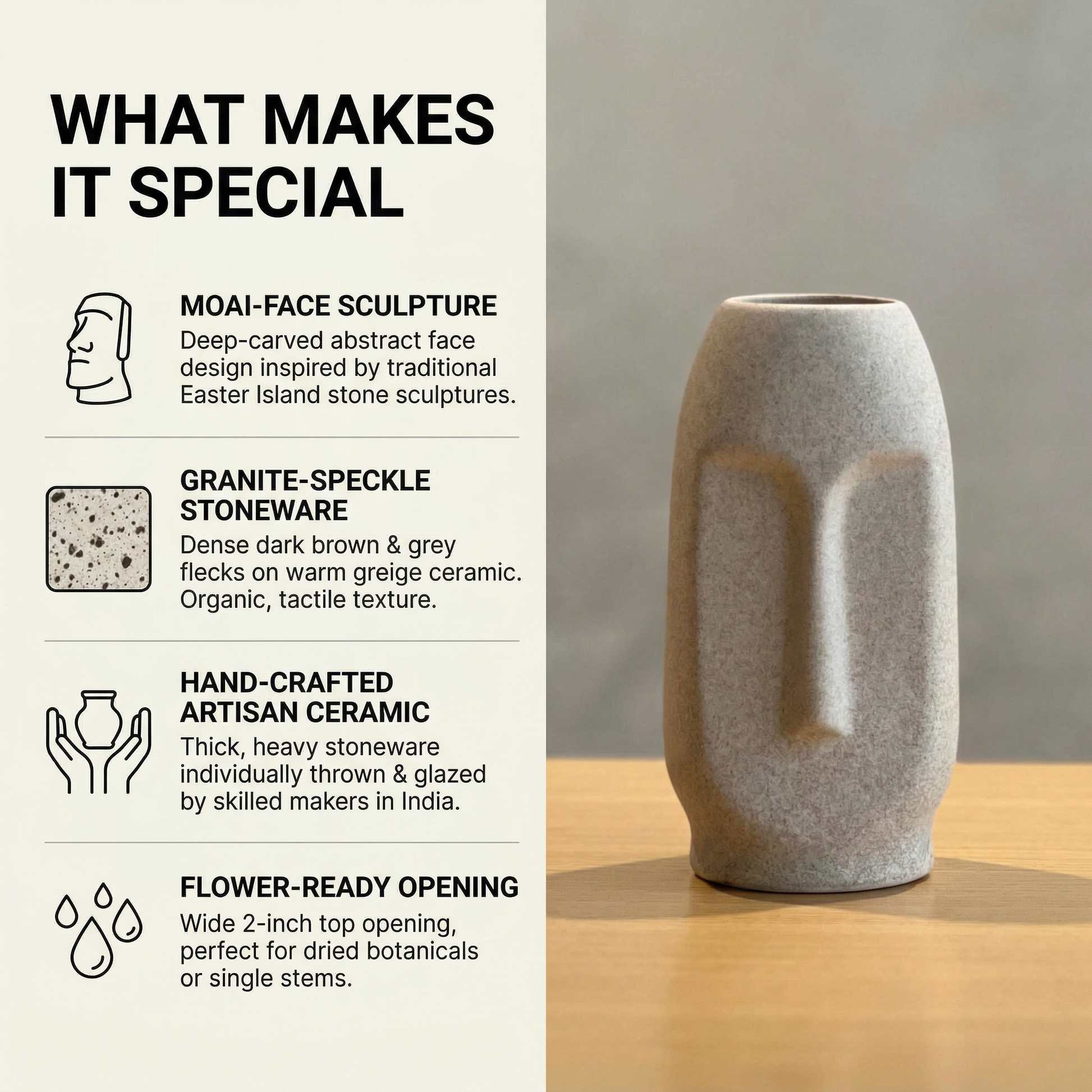 Moai Face Vase Sandy Greige handmade ceramic vase — lifestyle view, Indian artisan craft | Mapland