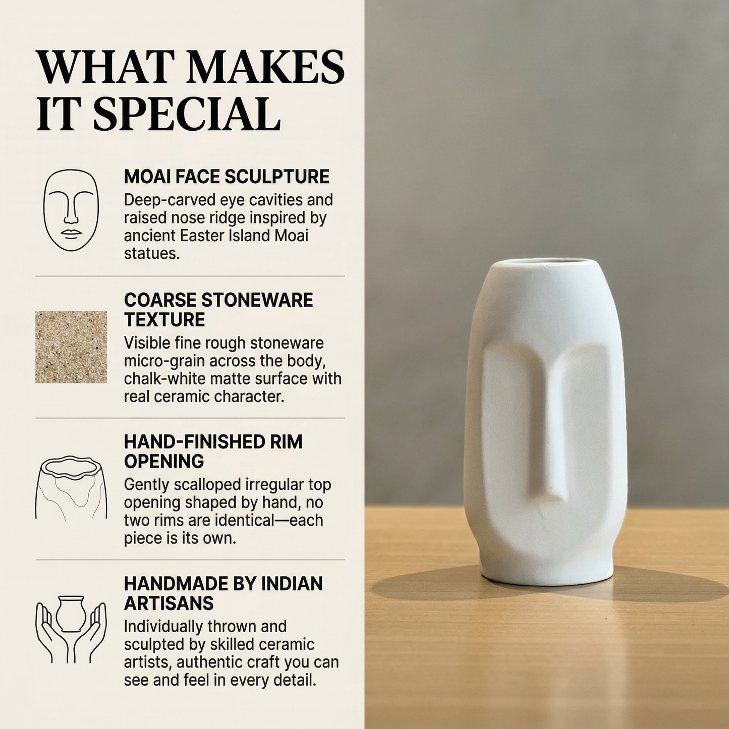 Moai Face Vase White handmade ceramic vase — lifestyle view, Indian artisan craft | Mapland
