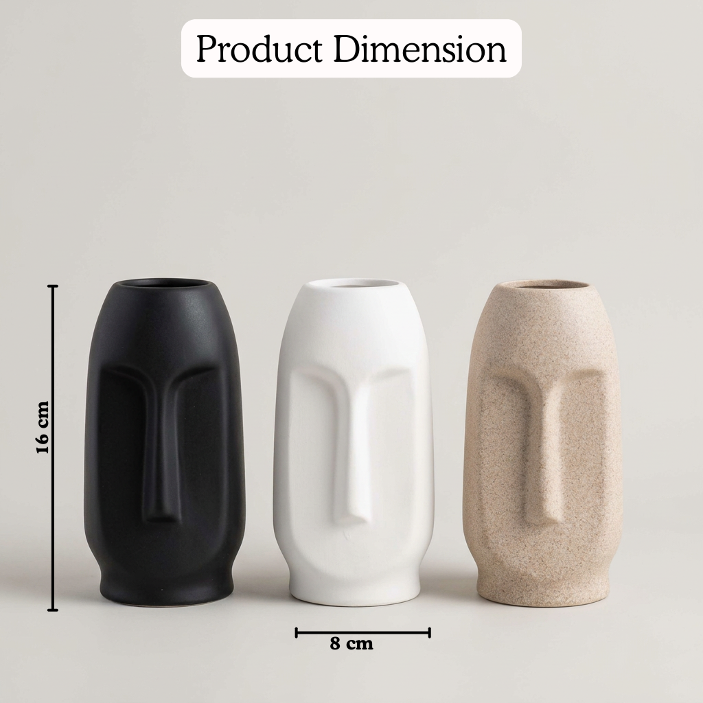 Moai Face Vases - Set of 3 handmade ceramic vase — detail view, Indian artisan craft | Mapland