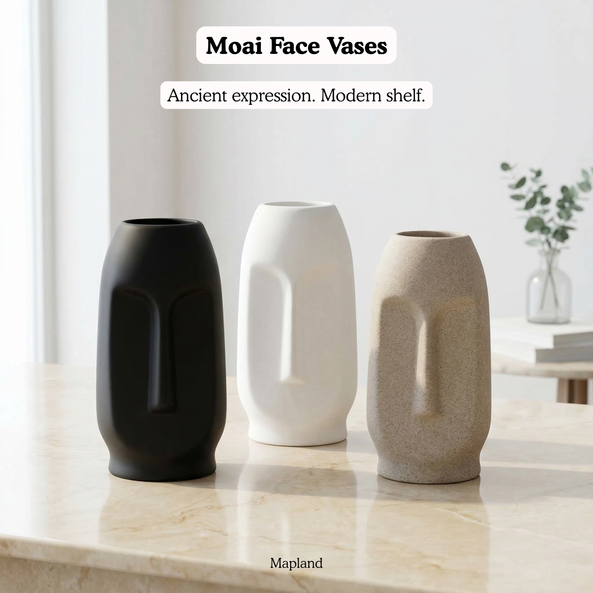 Moai Face Vases - Set of 3 handmade ceramic vase — side view, Indian artisan craft | Mapland