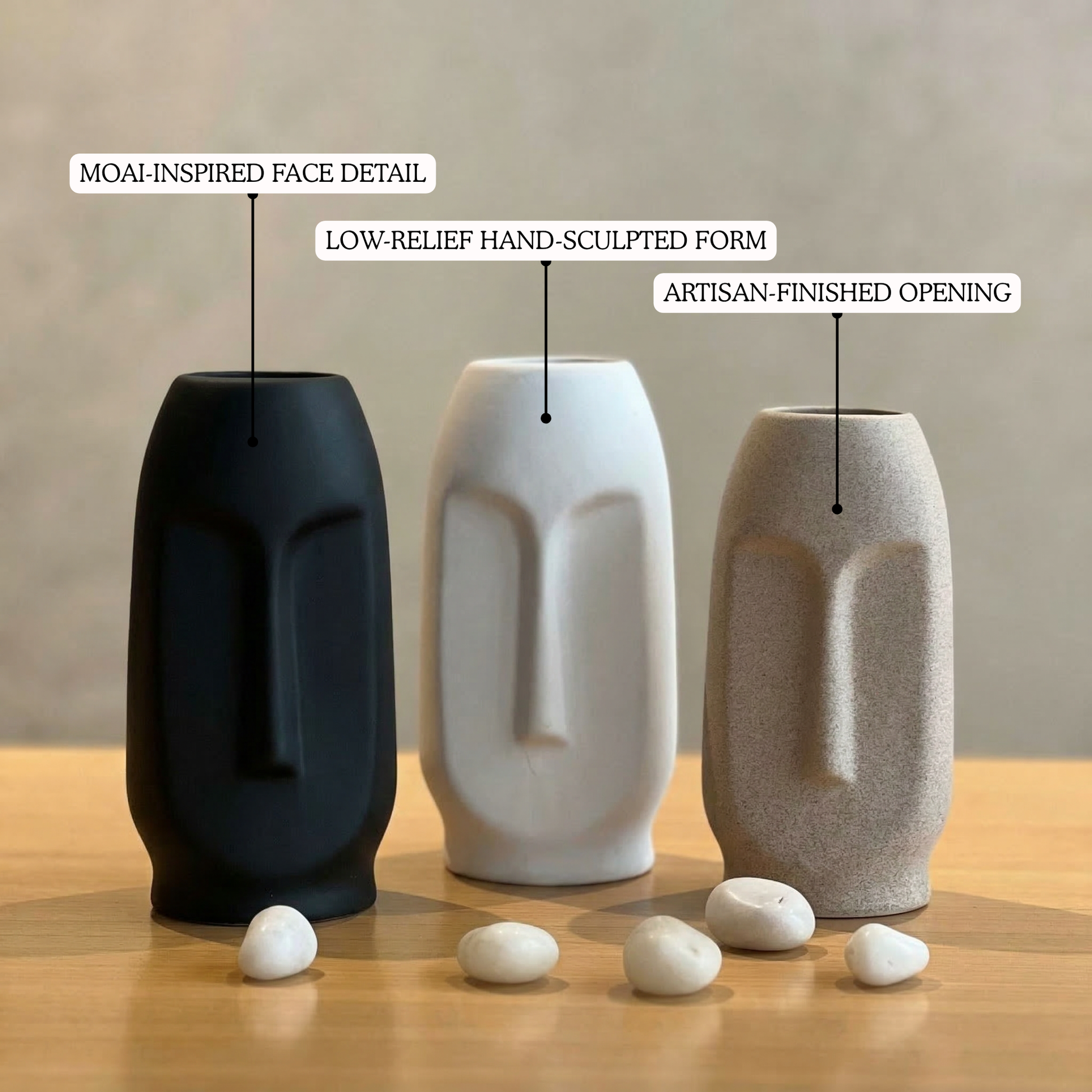 Moai Face Vases - Set of 3 handmade ceramic vase — top view, Indian artisan craft | Mapland