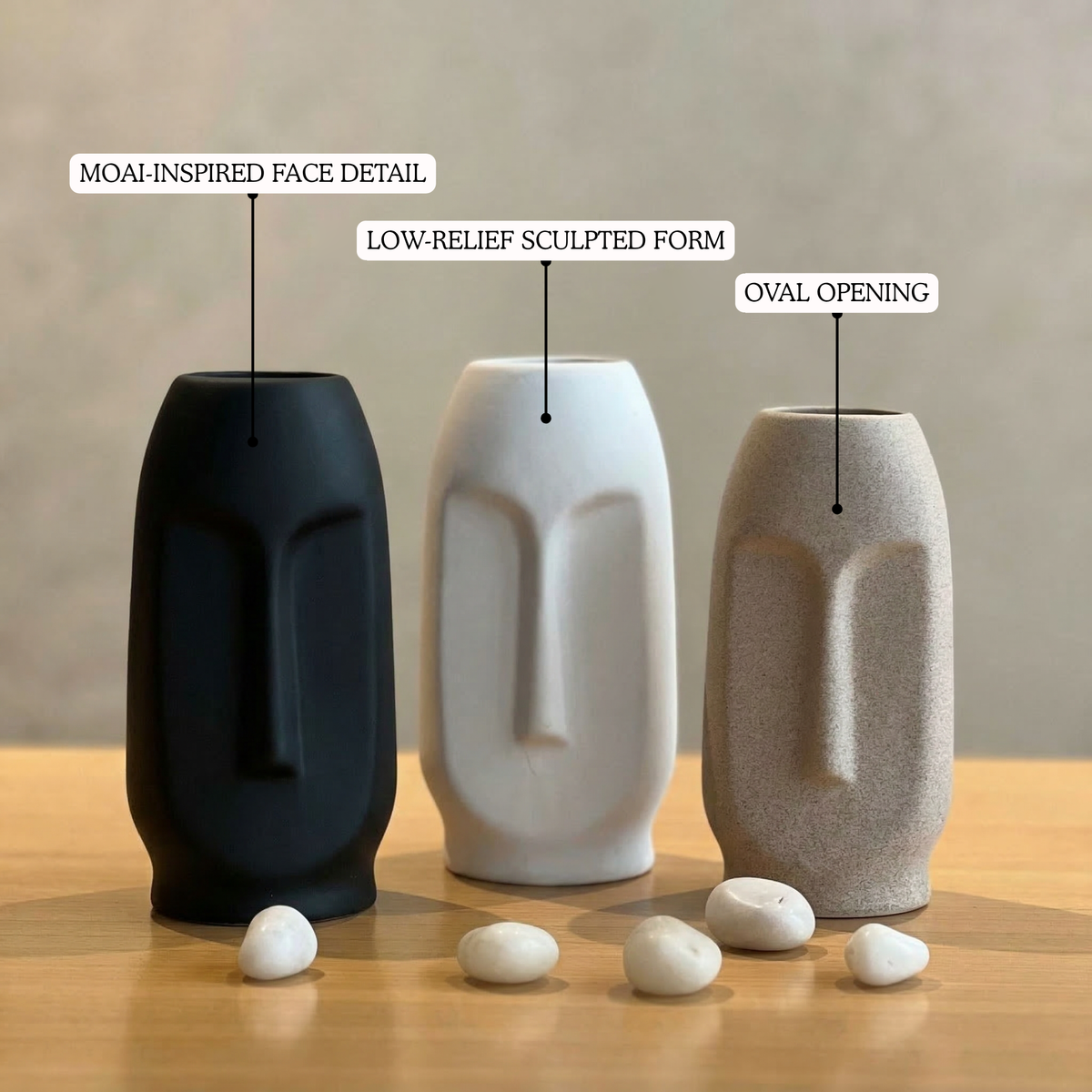 Moai Face Vases - Set of 3 close-up detail | Mapland