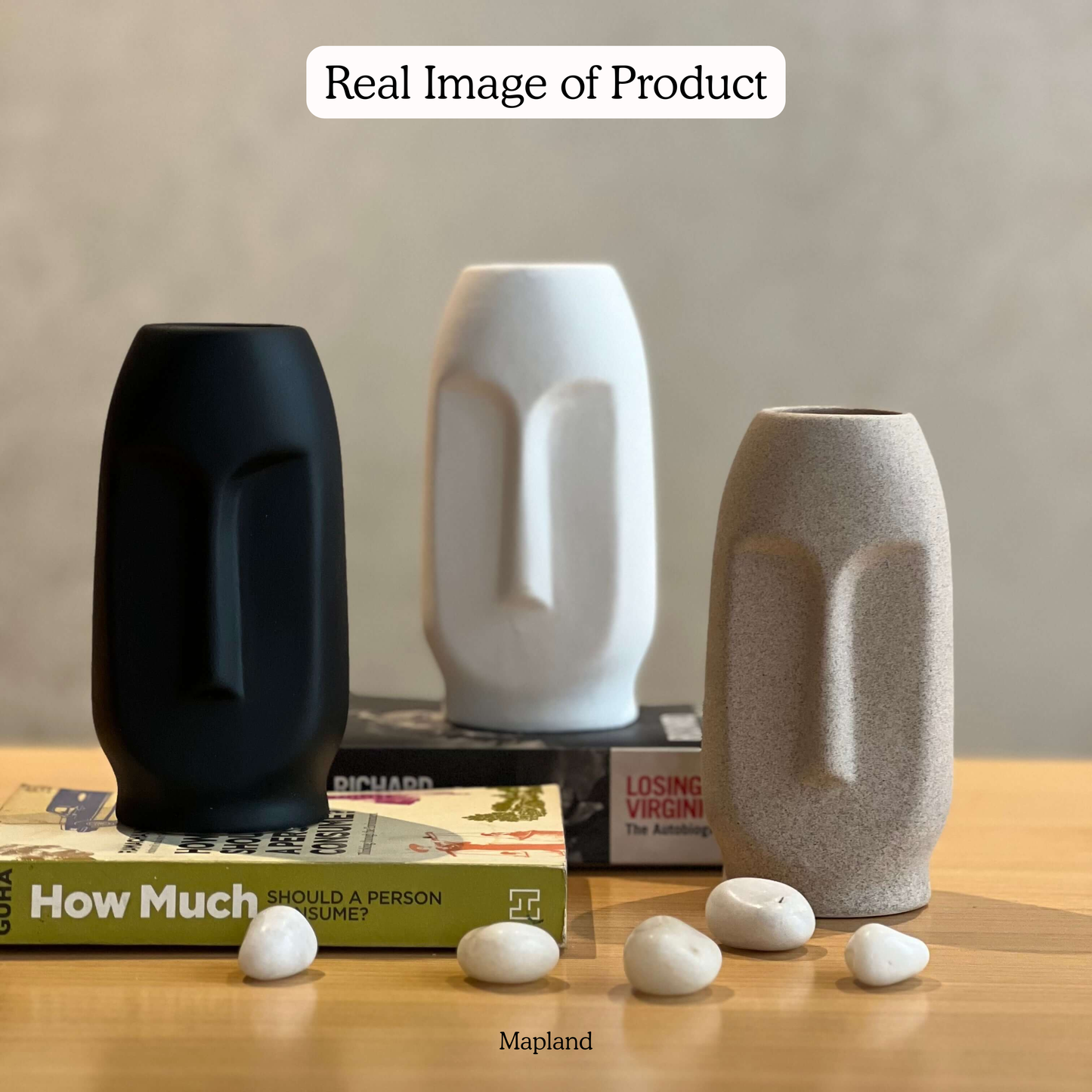 Moai Face Vases - Set of 3 handmade ceramic vase — angle view, Indian artisan craft | Mapland