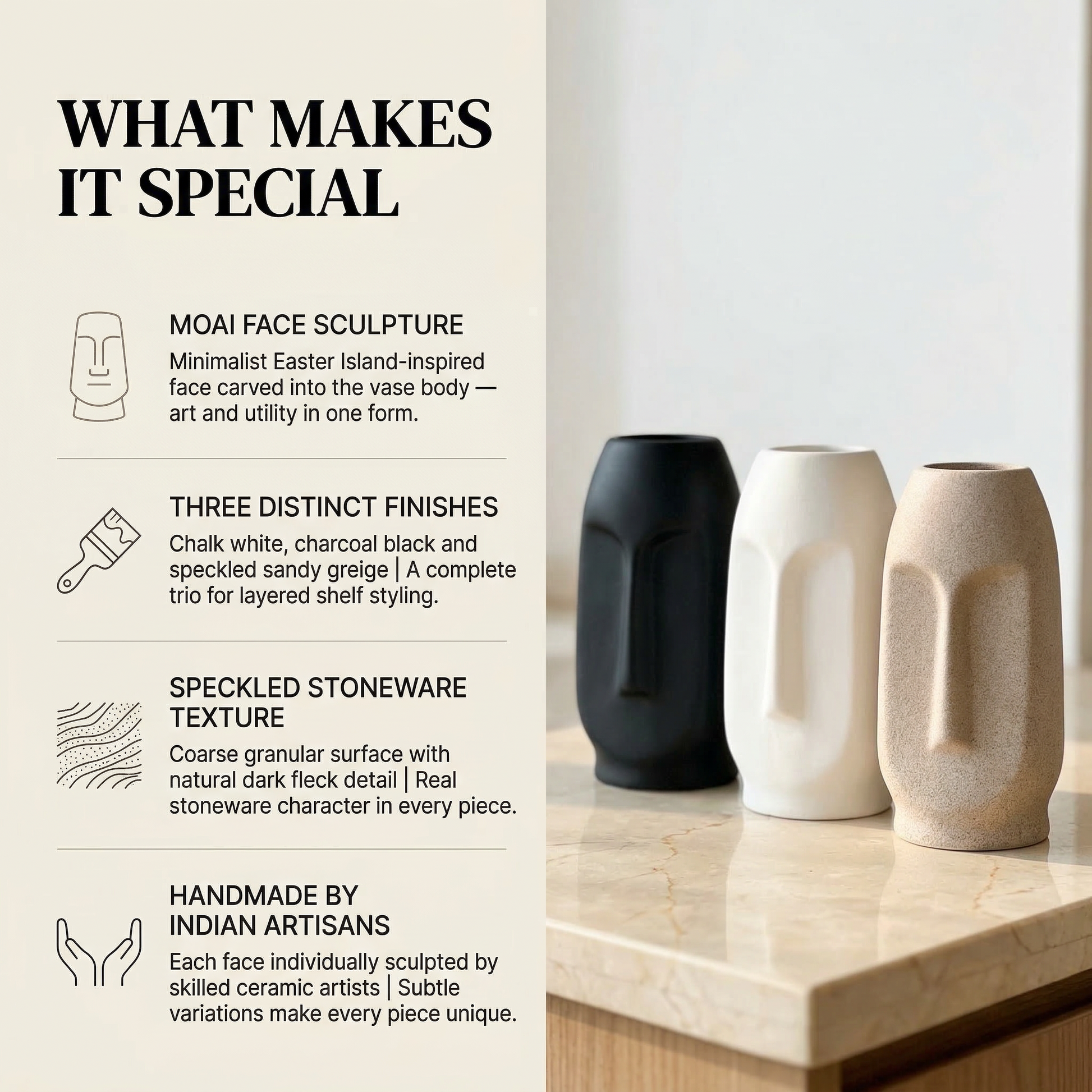 Moai Face Vases - Set of 3 handmade ceramic vase — lifestyle view, Indian artisan craft | Mapland