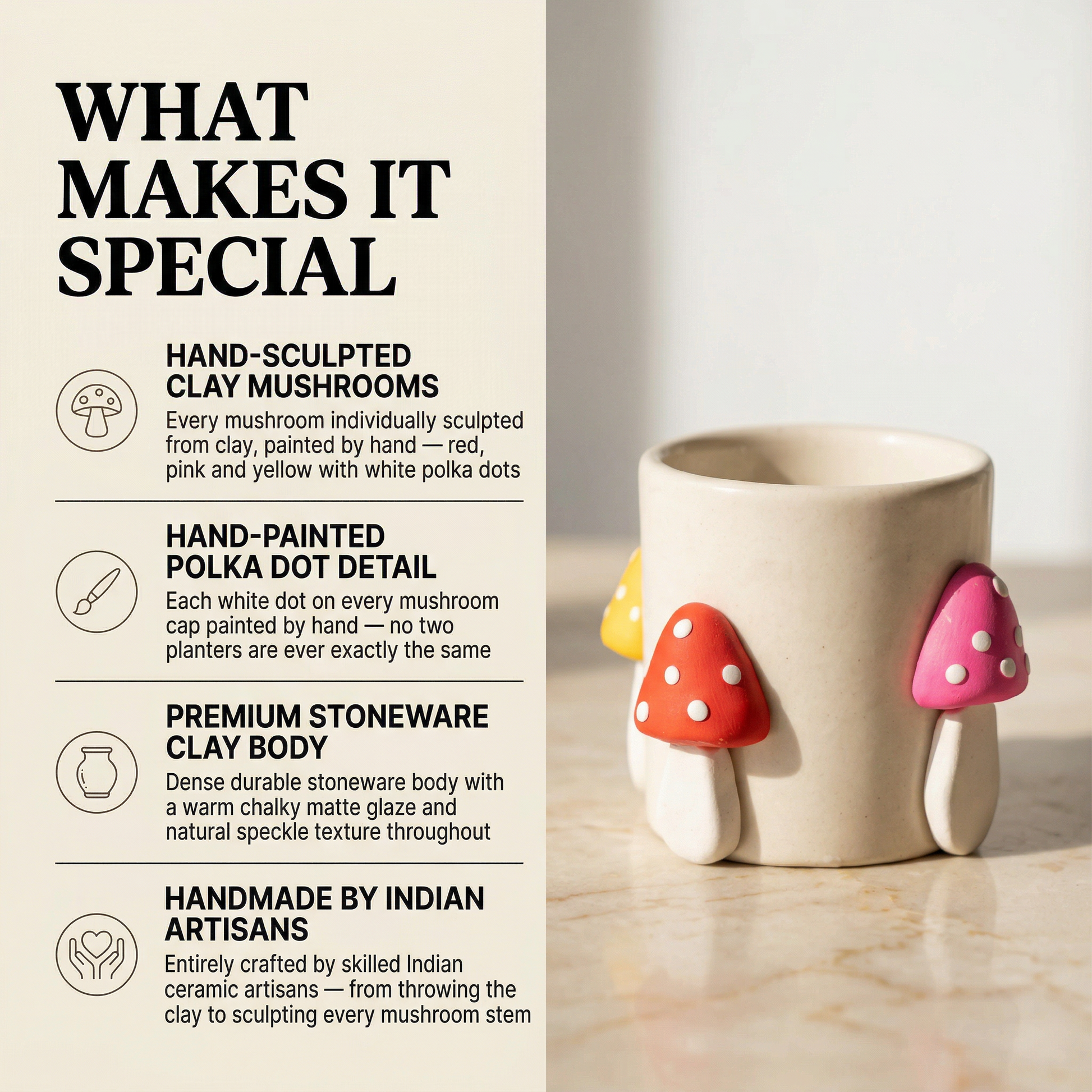 Mushroom Magic Planter handmade ceramic planter — lifestyle view, Indian artisan craft | Mapland