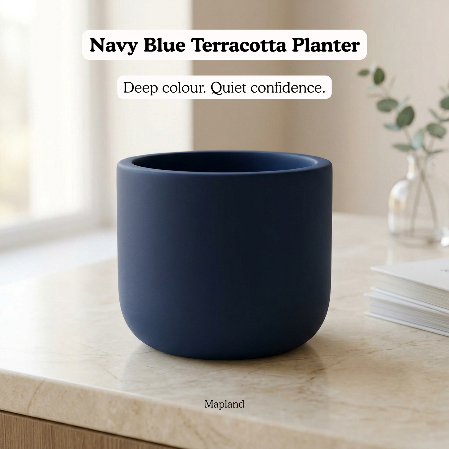 Navy Blue Terracotta Planter handmade ceramic planter — side view, Indian artisan craft | Mapland
