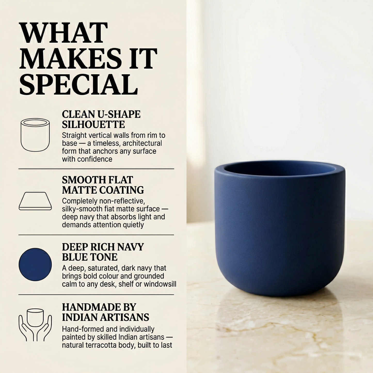 Navy Blue Terracotta Planter handmade ceramic planter — lifestyle view, Indian artisan craft | Mapland
