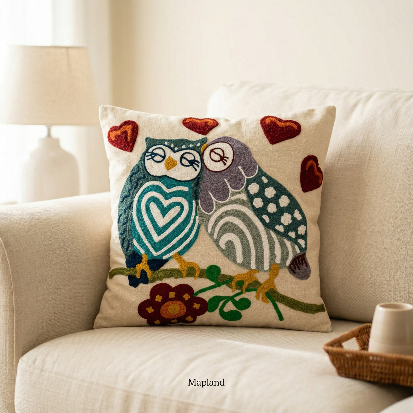 Owl embroidered cushion cover in earthy woven fabric — handmade cushion cover | Mapland Design Studio