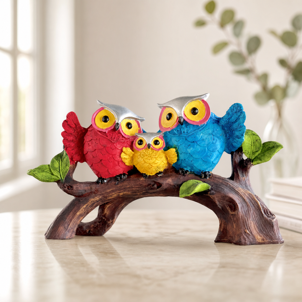 Owl Family on Branch Figurine