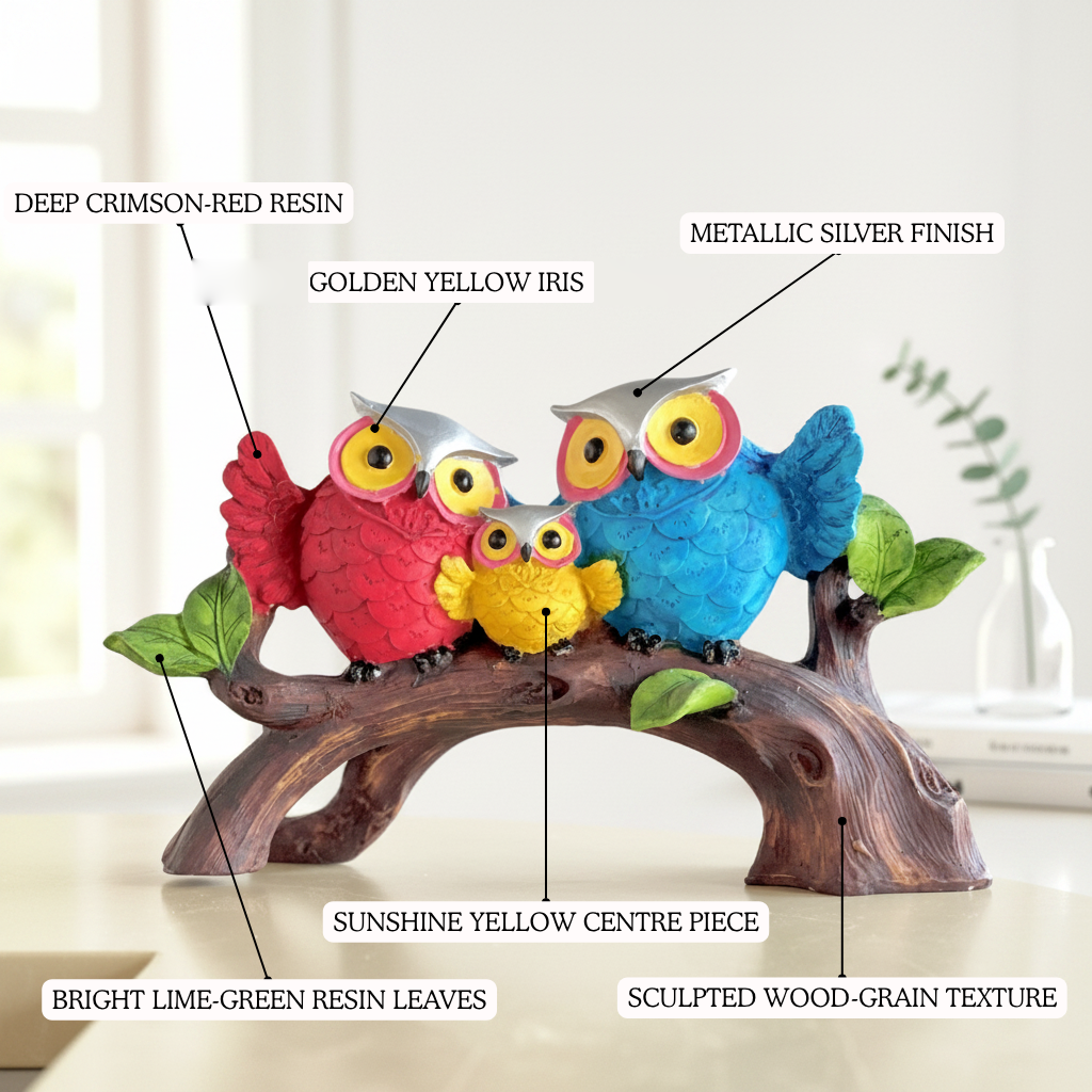 Owl Family on Branch Figurine sculpted branch detailing | Mapland