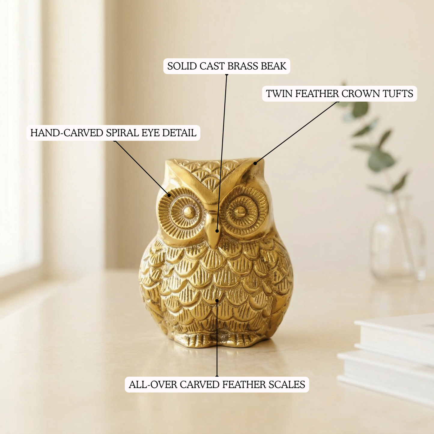 Brass owl statue feather detailing close-up | Mapland