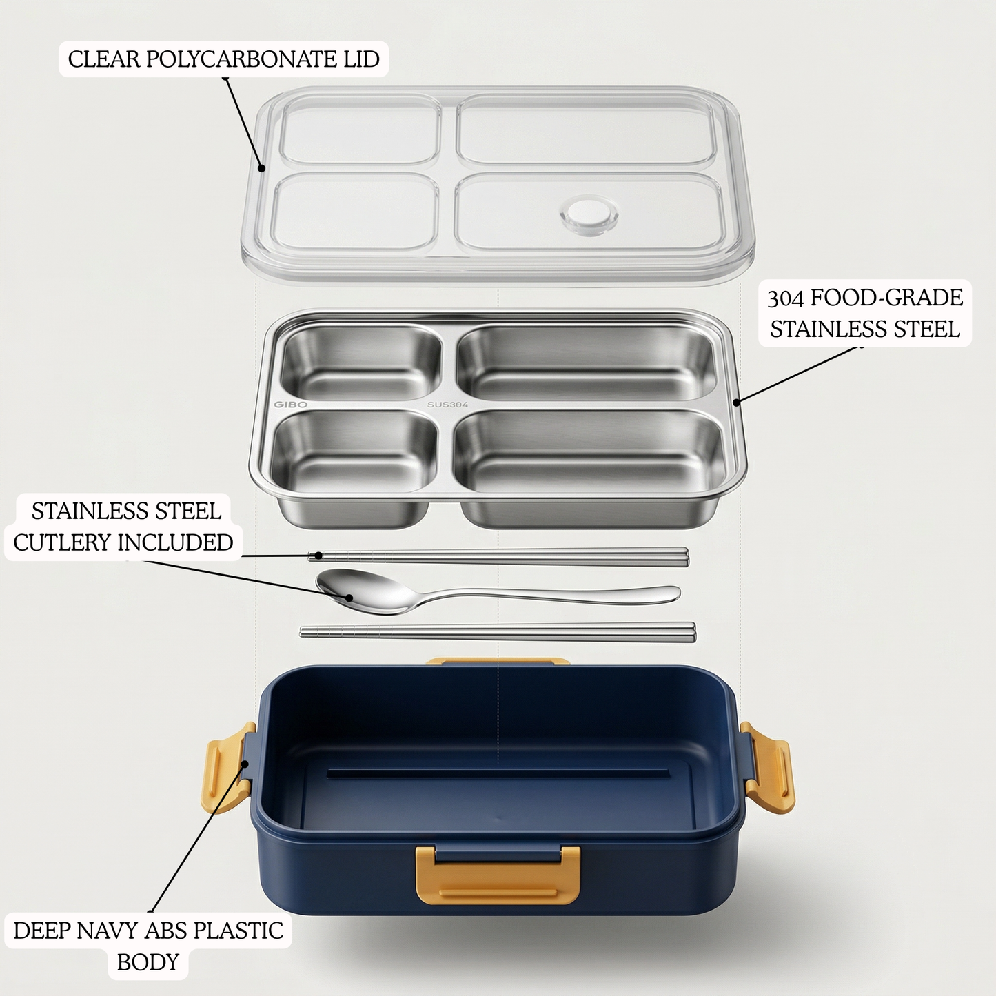 QuadraBento 4-Compartment Steel Lunch Box with Cutlery — top view — handmade artisan home decor | Mapland