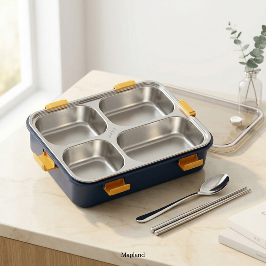 QuadraBento 4-Compartment Steel Lunch Box with Cutlery — handmade artisan home decor | Mapland