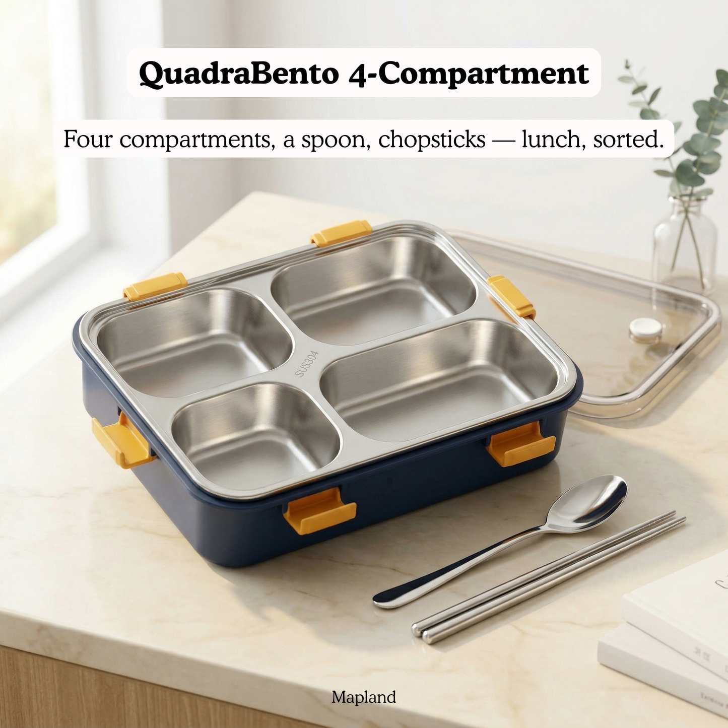 QuadraBento 4-Compartment Steel Lunch Box with Cutlery — side view — handmade artisan home decor | Mapland