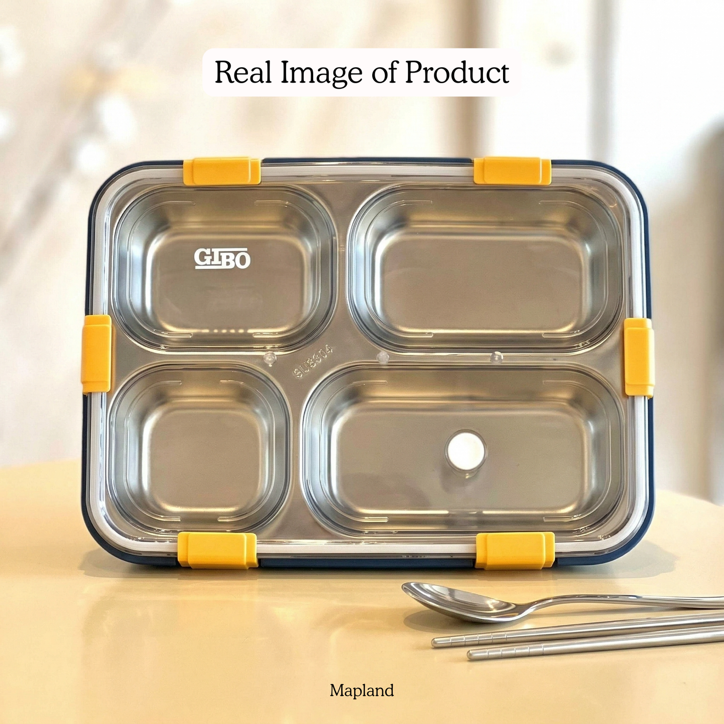 QuadraBento 4-Compartment Steel Lunch Box with Cutlery — angle view — handmade artisan home decor | Mapland