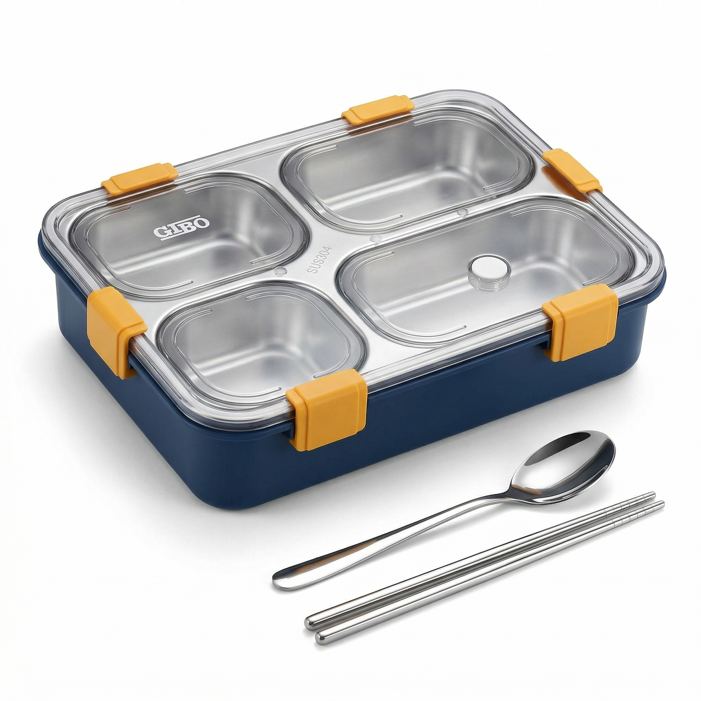 QuadraBento 4-Compartment Steel Lunch Box with Cutlery — detail view — handmade artisan home decor | Mapland