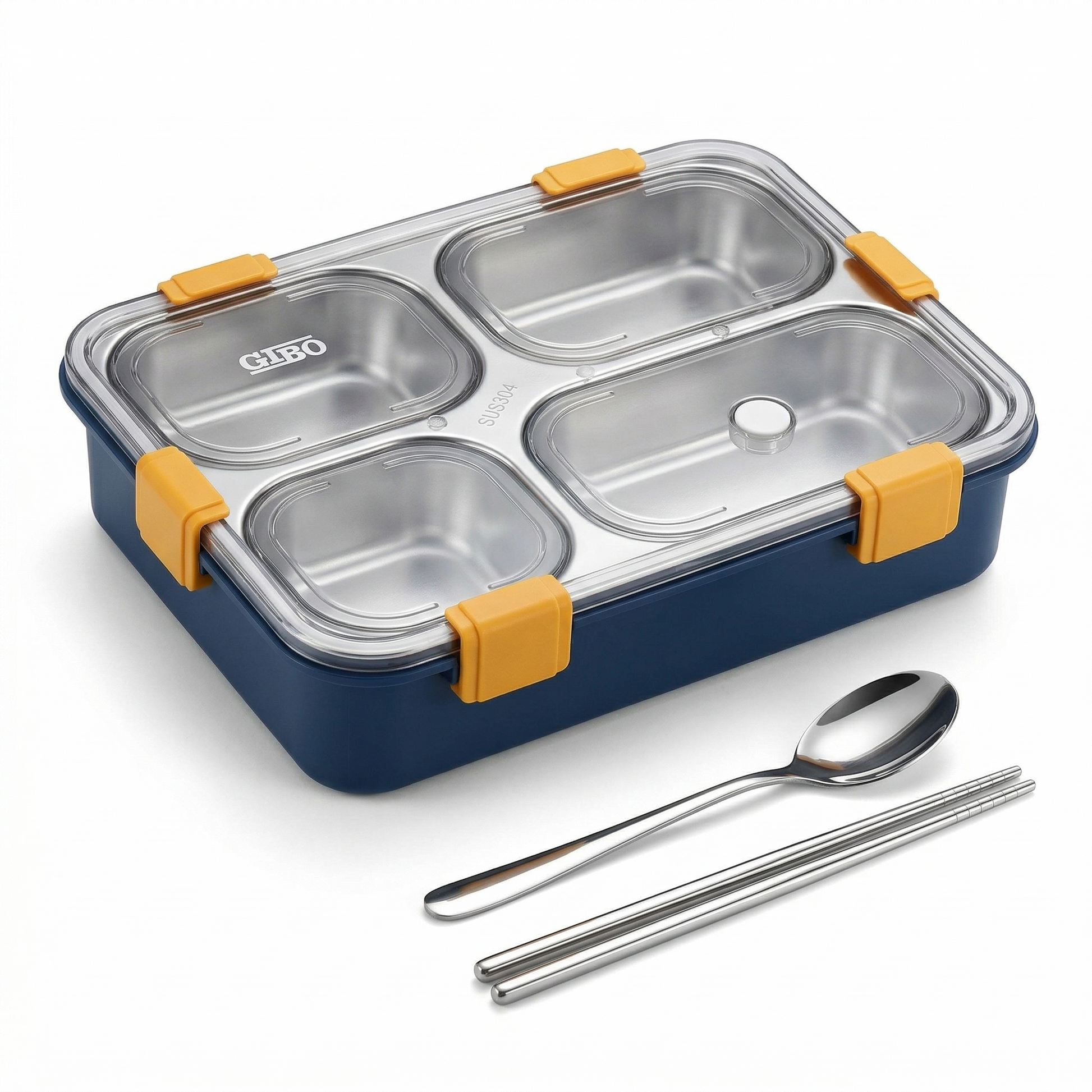 QuadraBento 4-Compartment Steel Lunch Box with Cutlery — detail view — handmade artisan home decor | Mapland