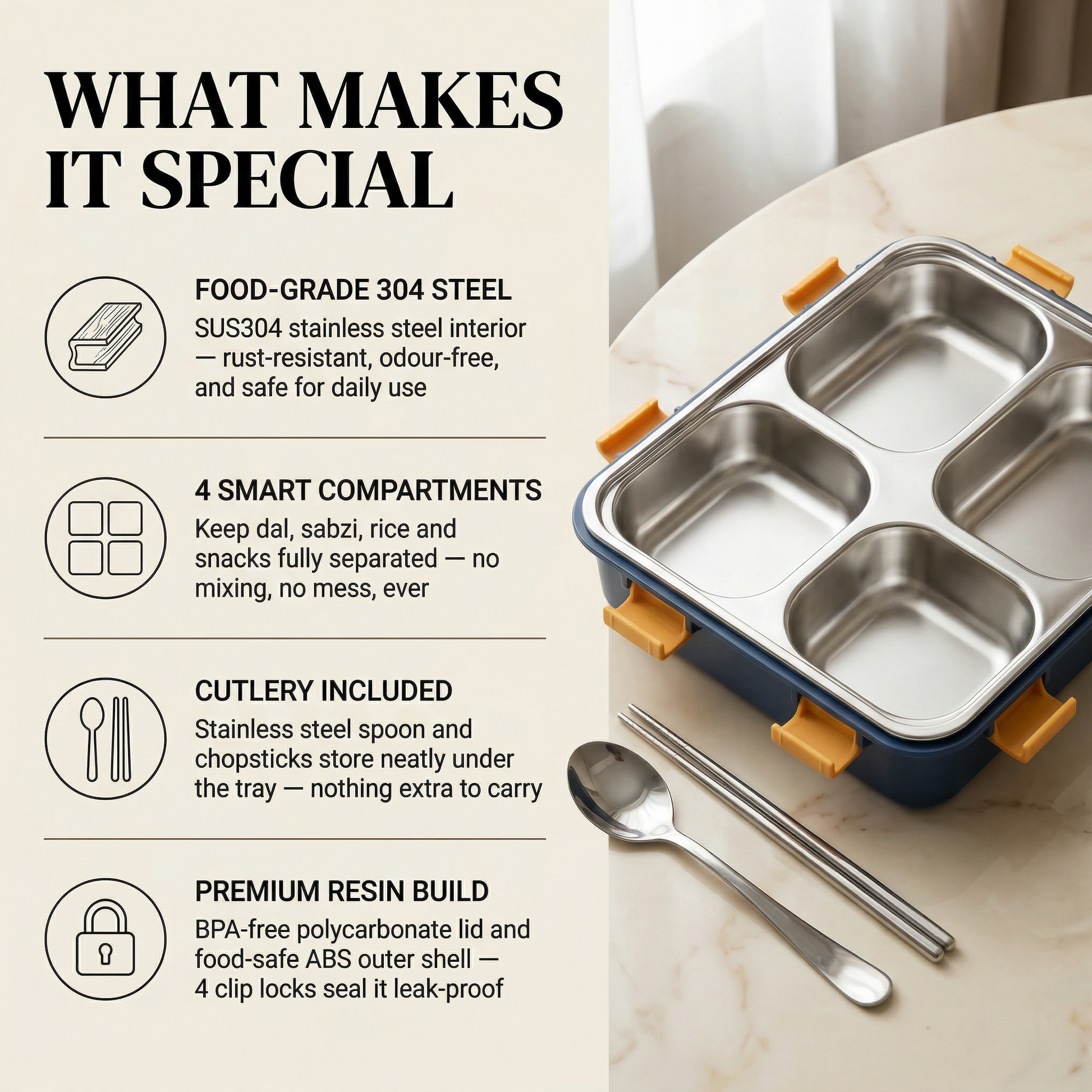 QuadraBento 4-Compartment Steel Lunch Box with Cutlery — lifestyle view — handmade artisan home decor | Mapland