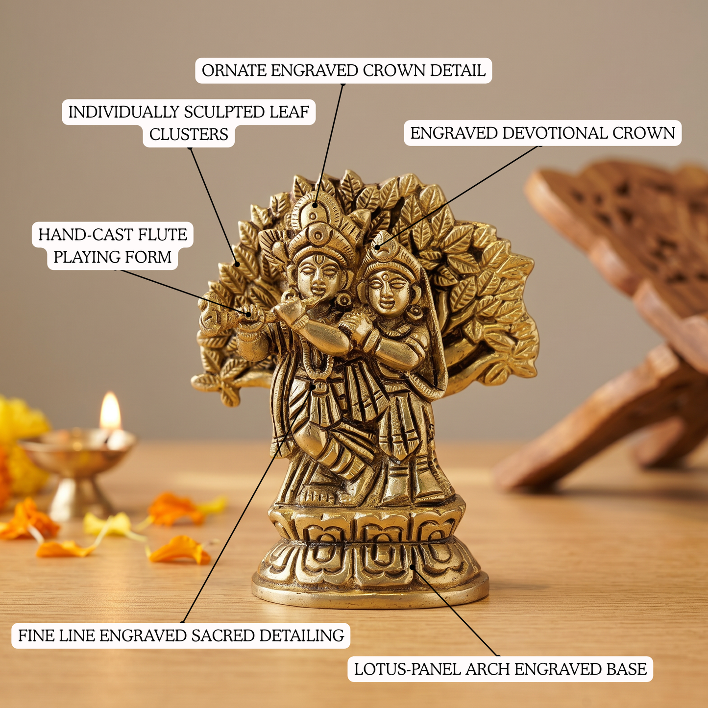 Radha Krishna brass murti detailing Kadamba canopy close-up | Mapland