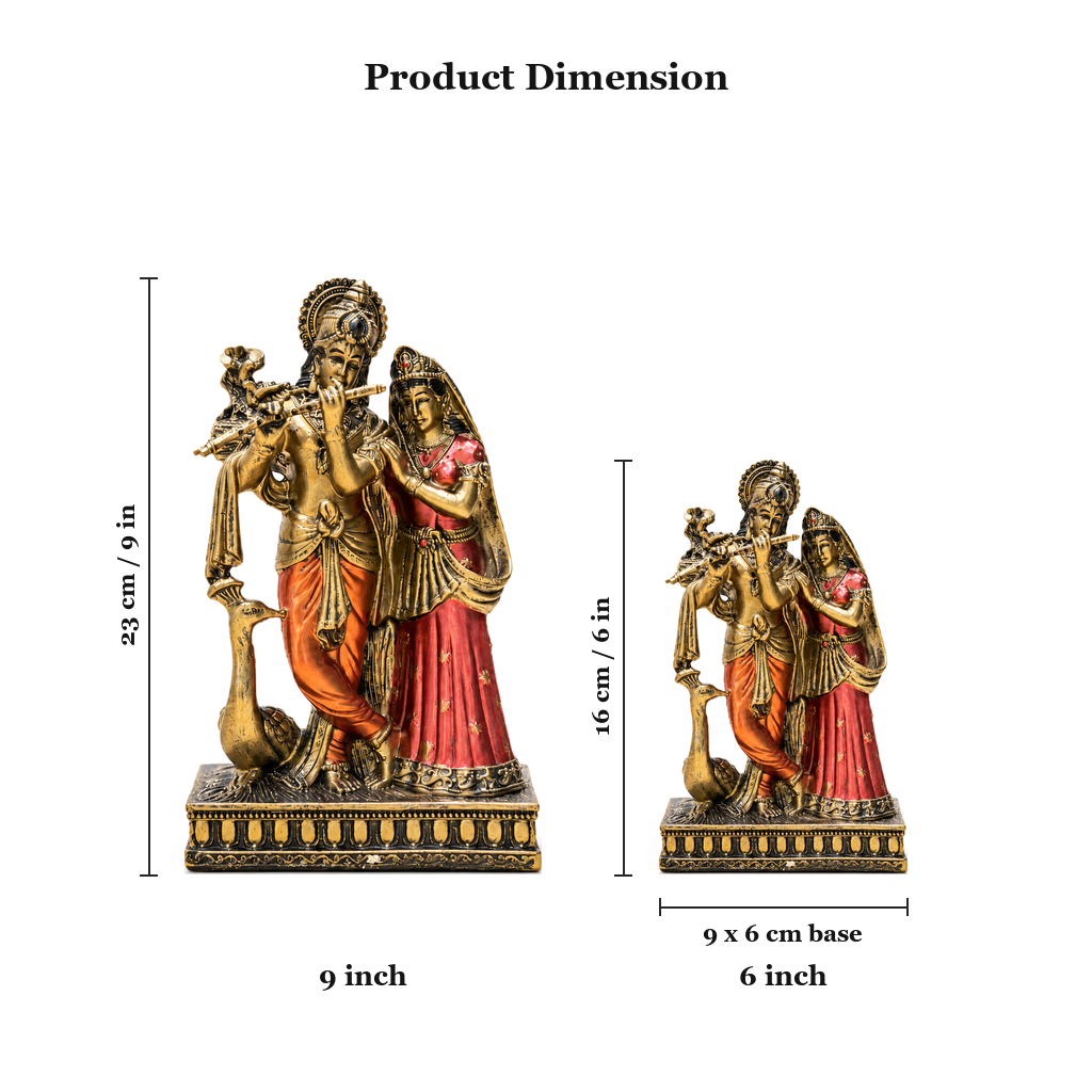 Radha Krishna idol sizes: 9 inch 23 cm tall and 6 inch 16 cm tall on a 9 x 6 cm base