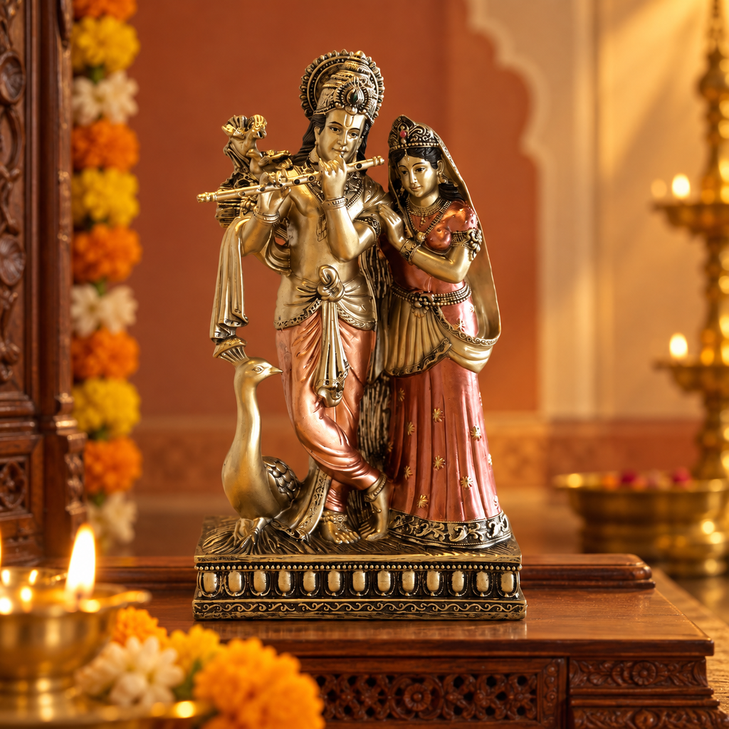 Radha Krishna sandstone idol 12 inch in light antique gold with rose-copper dhoti and lehenga on a wooden home mandir with marigolds and a brass diya