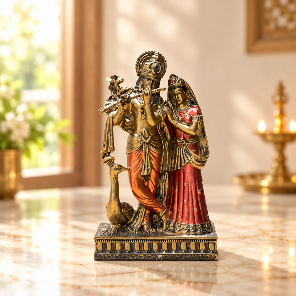 Radha Krishna sandstone idol 6 inch in antique gold with hand-painted orange dhoti and red lehenga on a marble counter