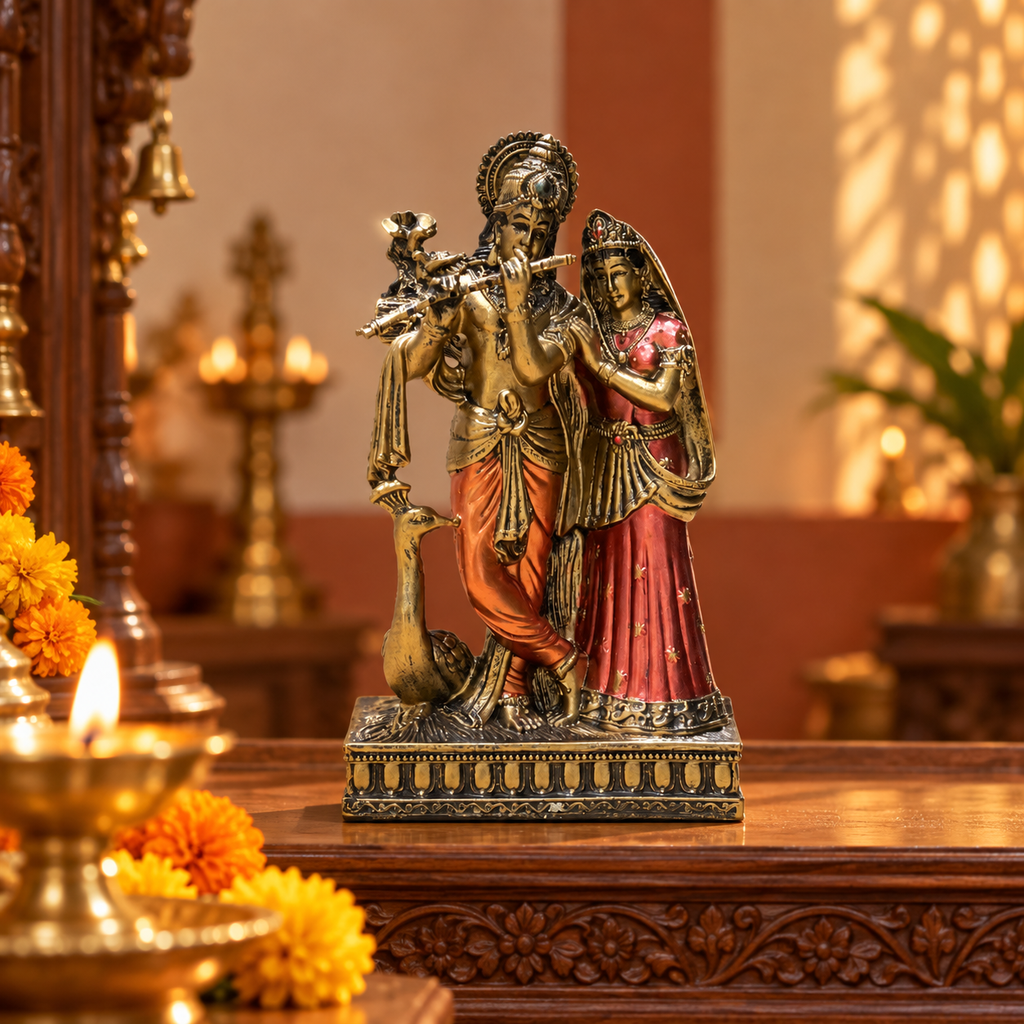 Radha Krishna sandstone idol 9 inch on a wooden home mandir with a brass diya and marigolds