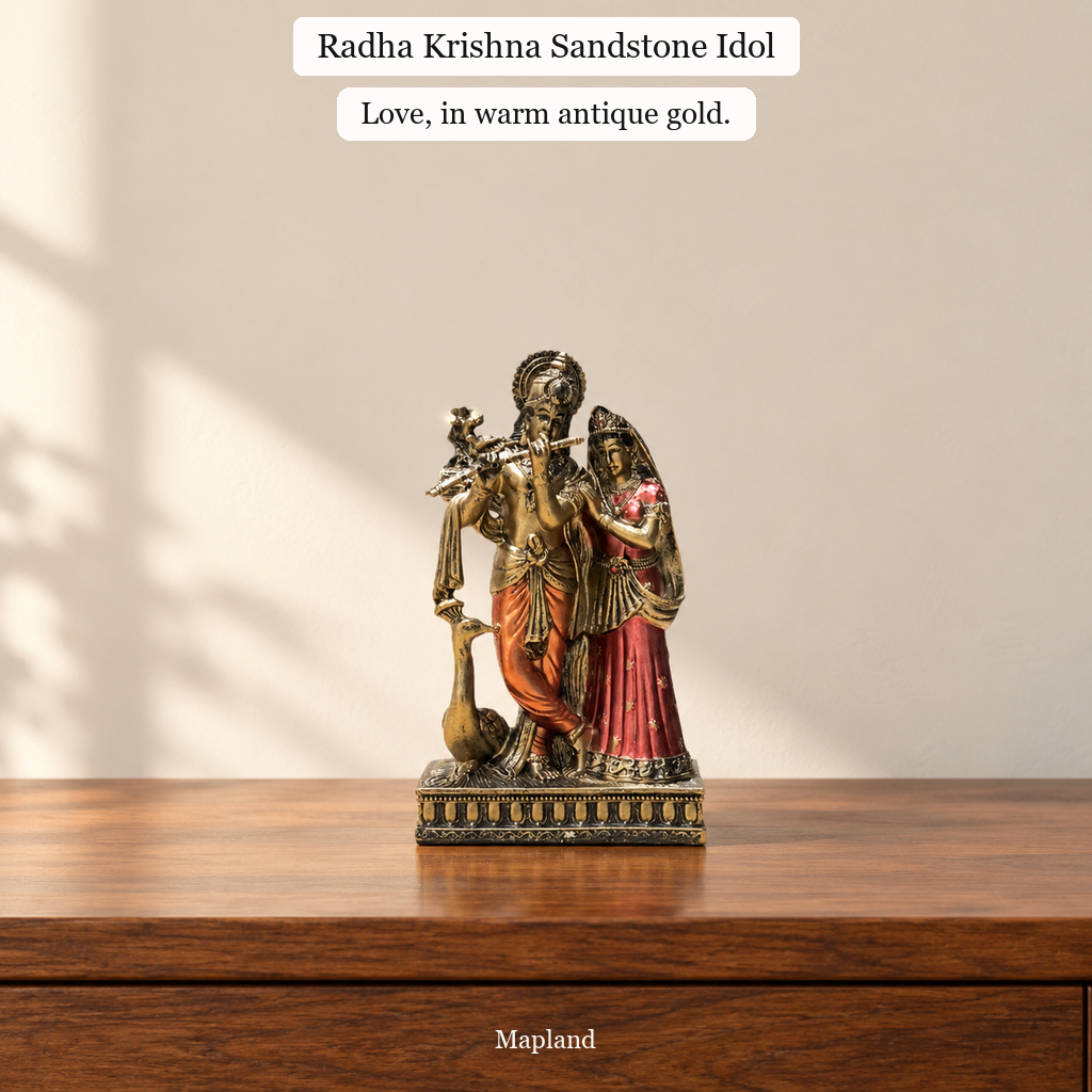 Radha Krishna Sandstone Idol by Mapland on a walnut console