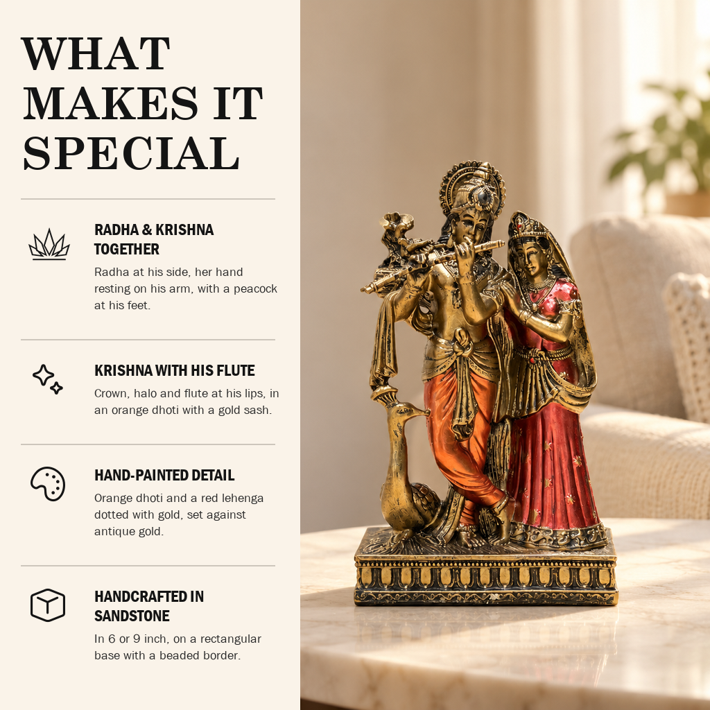 What makes the Radha Krishna sandstone idol special: hand-painted detail, handcrafted in sandstone