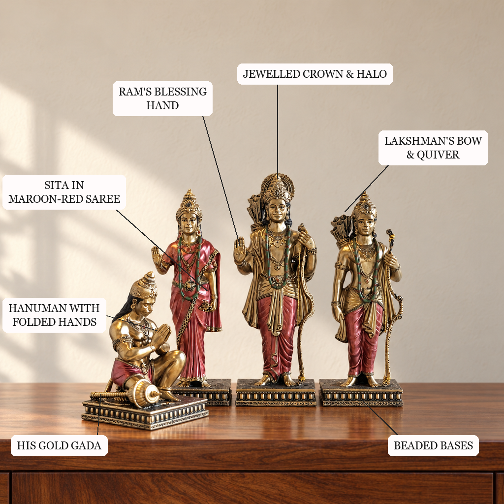 Ram Darbar idol set features: jewelled crown and halo, blessing hand, Sita in maroon-red saree, Lakshman bow and quiver, Hanuman with folded hands and gada, beaded bases