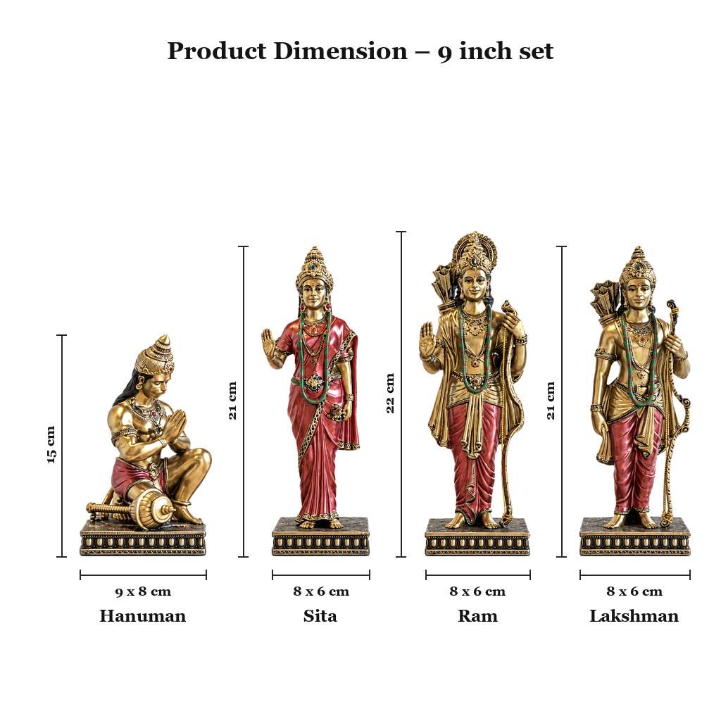 Ram Darbar 9 inch set sizes: Ram 22 cm, Sita 21 cm, Lakshman 21 cm, Hanuman 15 cm