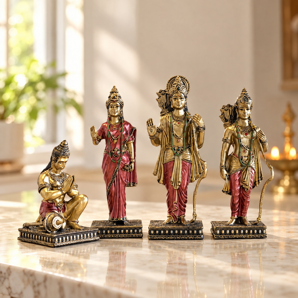 Ram Darbar sandstone idol set 6 inch with Ram, Sita, Lakshman and Hanuman in antique gold and maroon-red on a marble counter
