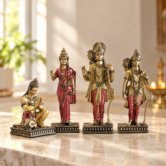 Ram Darbar sandstone idol set 6 inch with Ram, Sita, Lakshman and Hanuman in antique gold and maroon-red on a marble counter