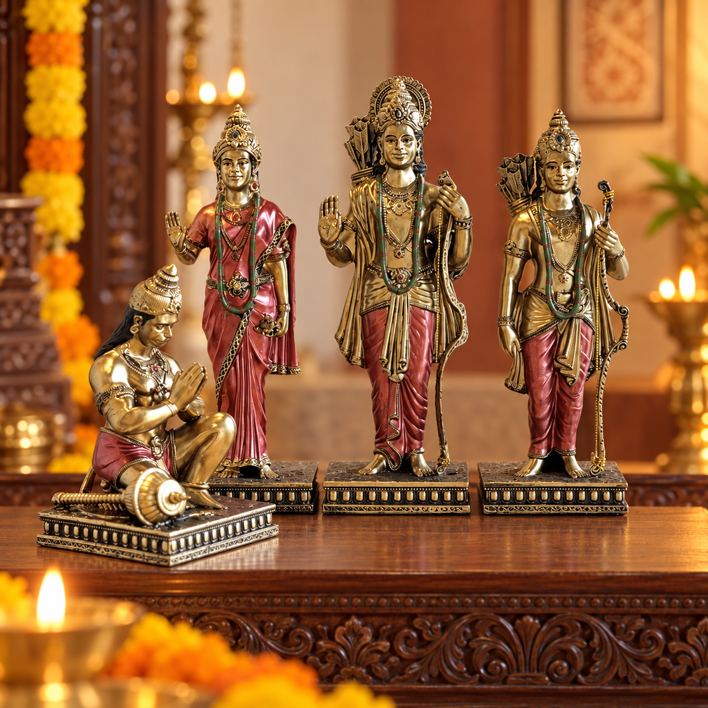 Ram Darbar sandstone idol set 9 inch with Ram, Sita, Lakshman and Hanuman on a wooden home mandir with marigolds and a brass diya